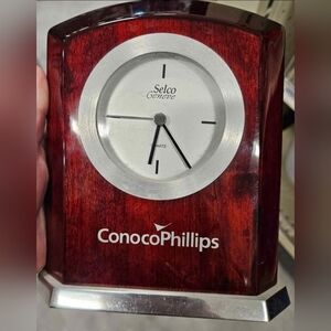 Selco Geneve Conoco Phillips Silver Mahogany Wood Collectible Clock see details